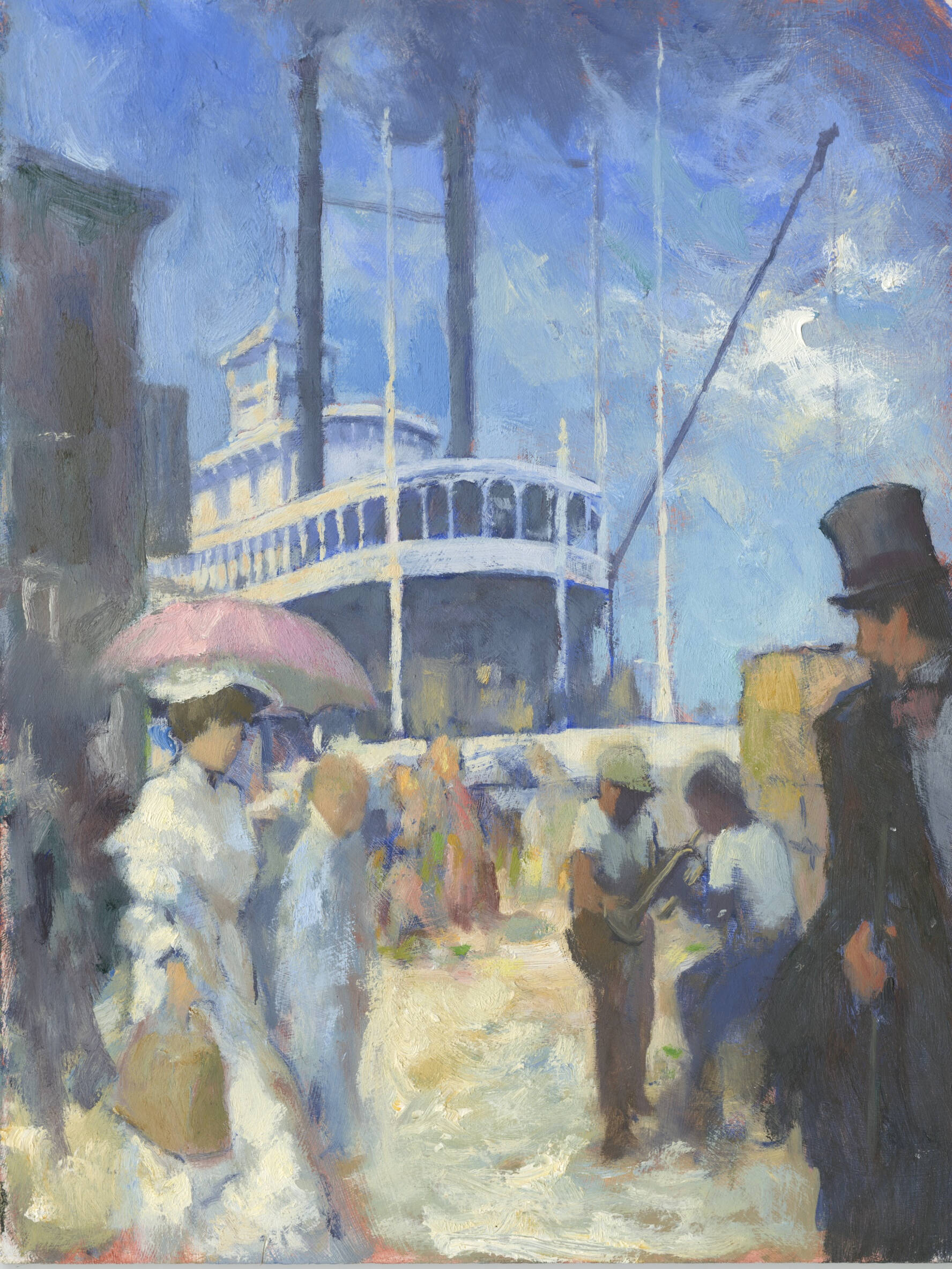 A scene of a ferry-like ship at the dock, with many people gathered to board. The ship is white and the sky is blue with few clouds